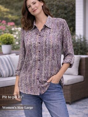 Women's multi colored Patterned Top blouse button down LARGE 21in pit to pit